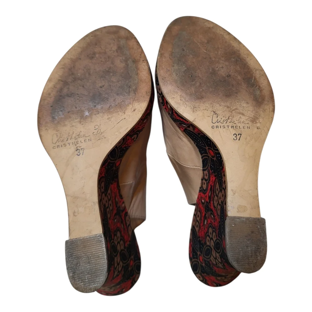 Rare Cristhelen B. Tan and Red Wedge Sandals with Peep-Toe Size 37 (USA 6.5-7)